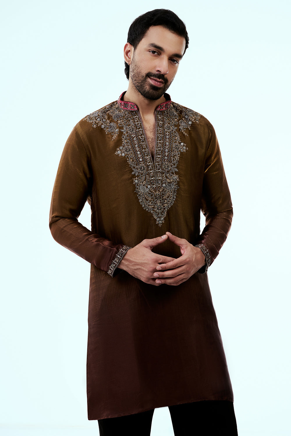Brown Ombre Tissue Organza Mens Kurta Set with Metallic Handwork