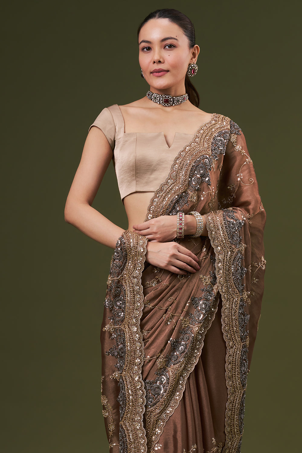 Brown Organza Saree with Zari and Sequin Work