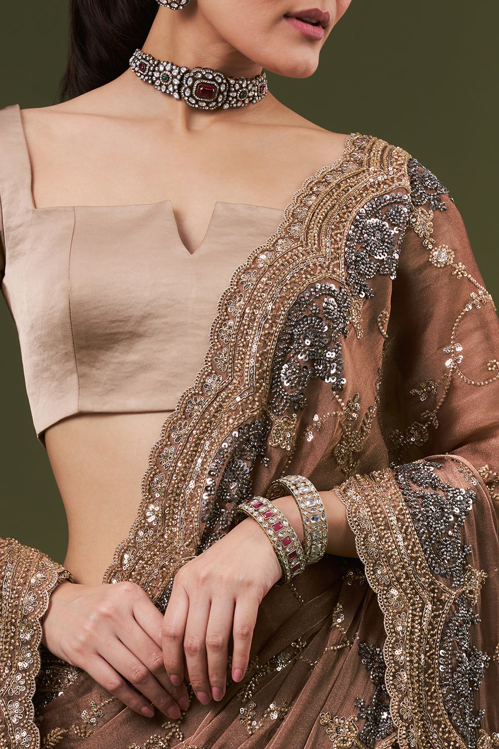 Brown Organza Saree with Zari and Sequin Work