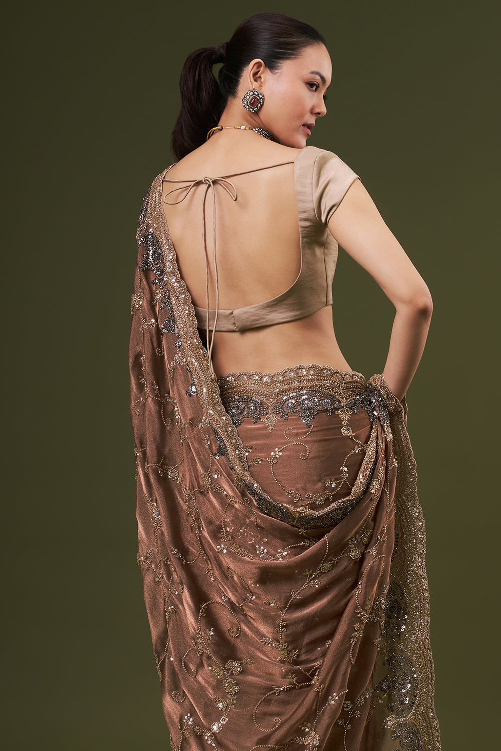 Brown Organza Saree with Zari and Sequin Work