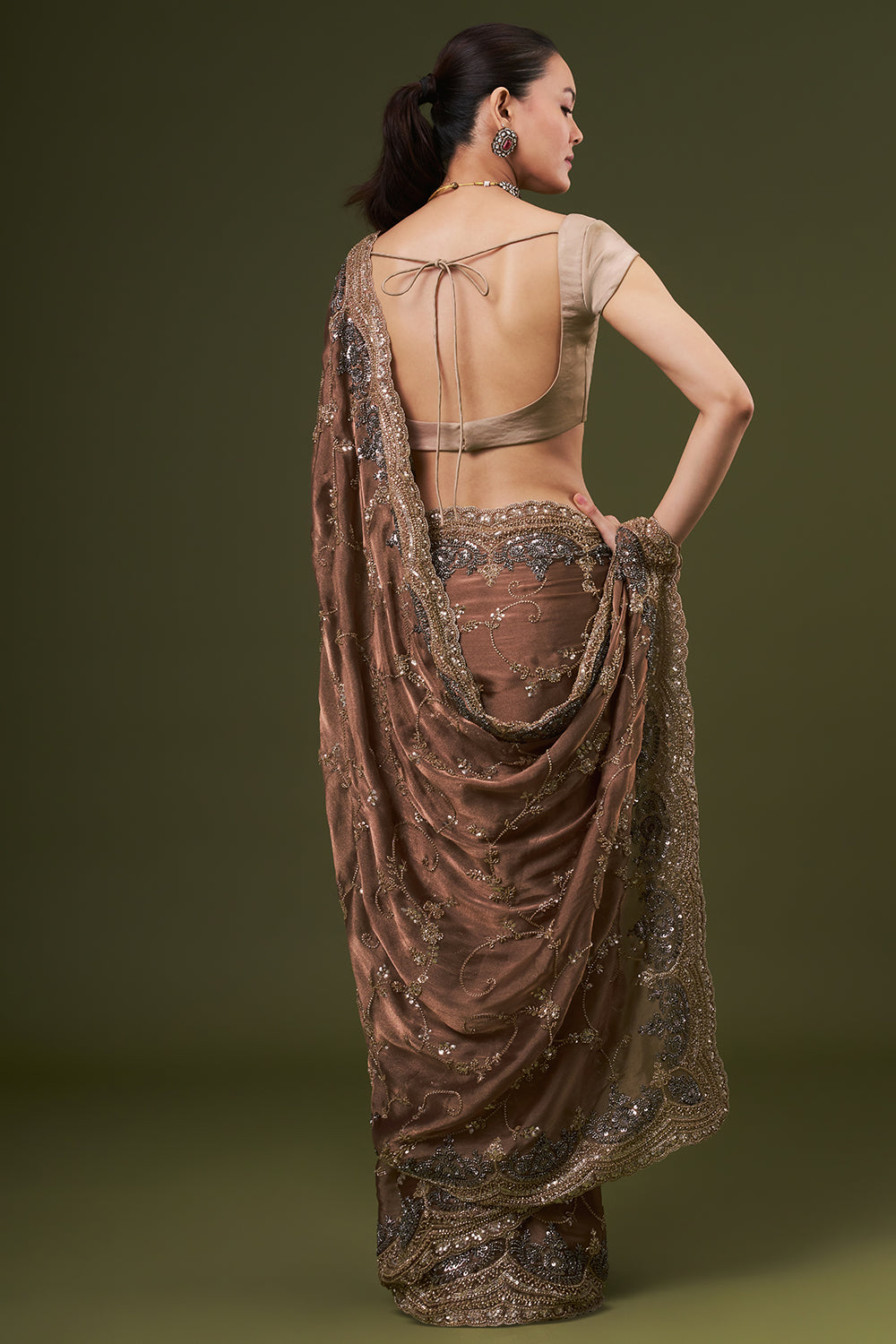 Brown Organza Saree with Zari and Sequin Work