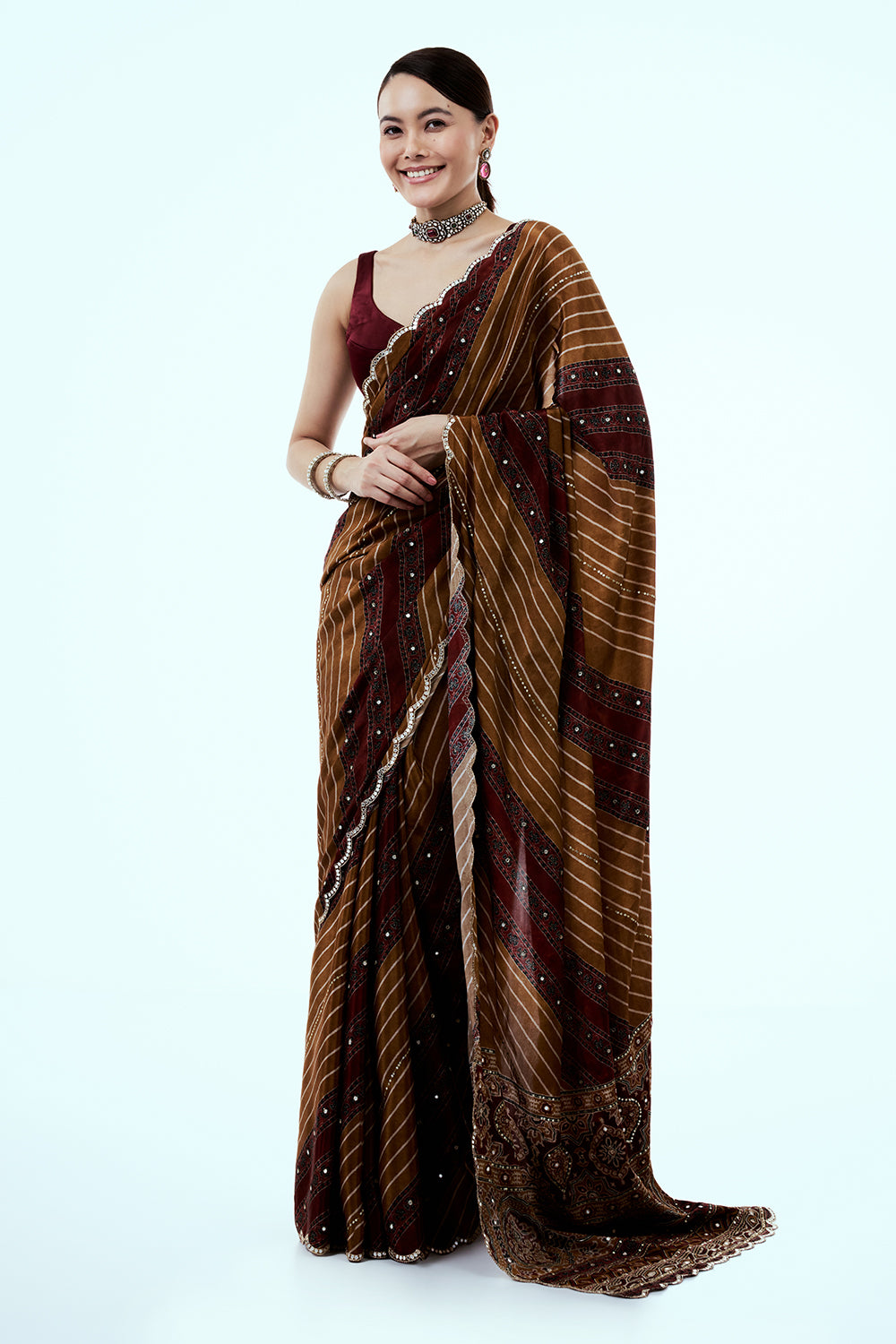 Brown Printed Crepe Saree with Mirror Work