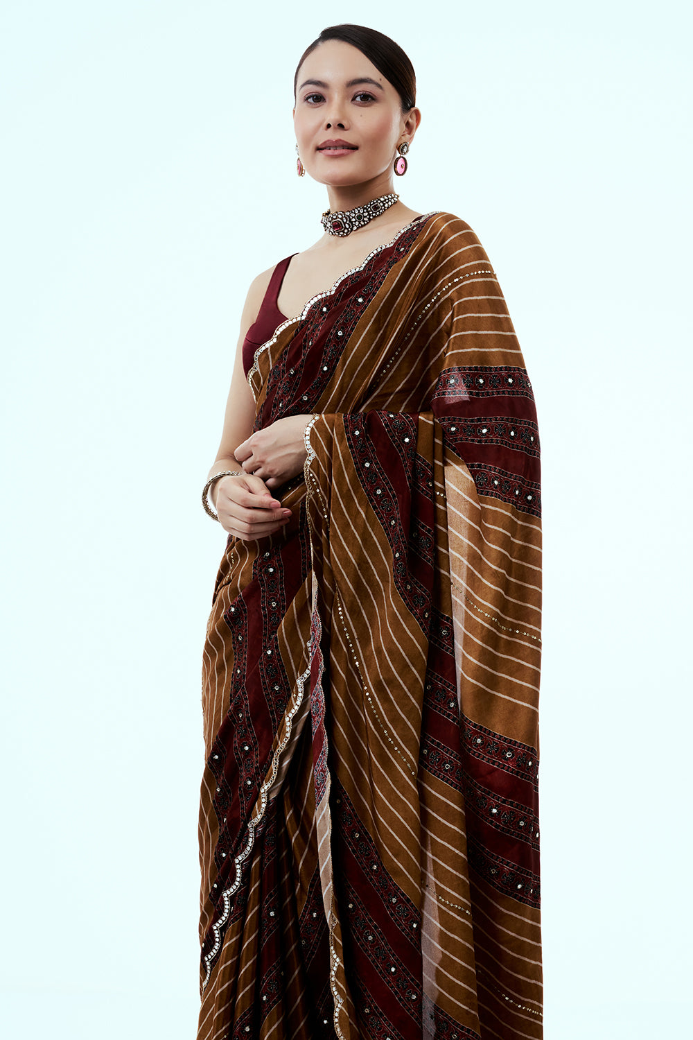 Brown Printed Crepe Saree with Mirror Work