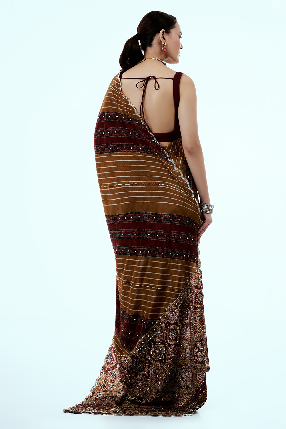 Brown Printed Crepe Saree with Mirror Work