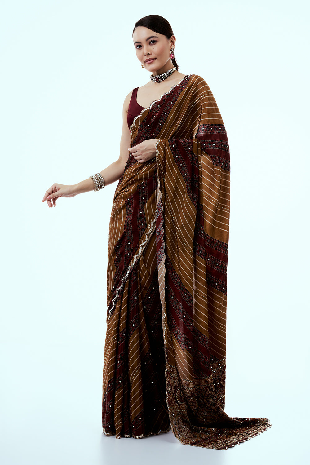 Brown Printed Crepe Saree with Mirror Work