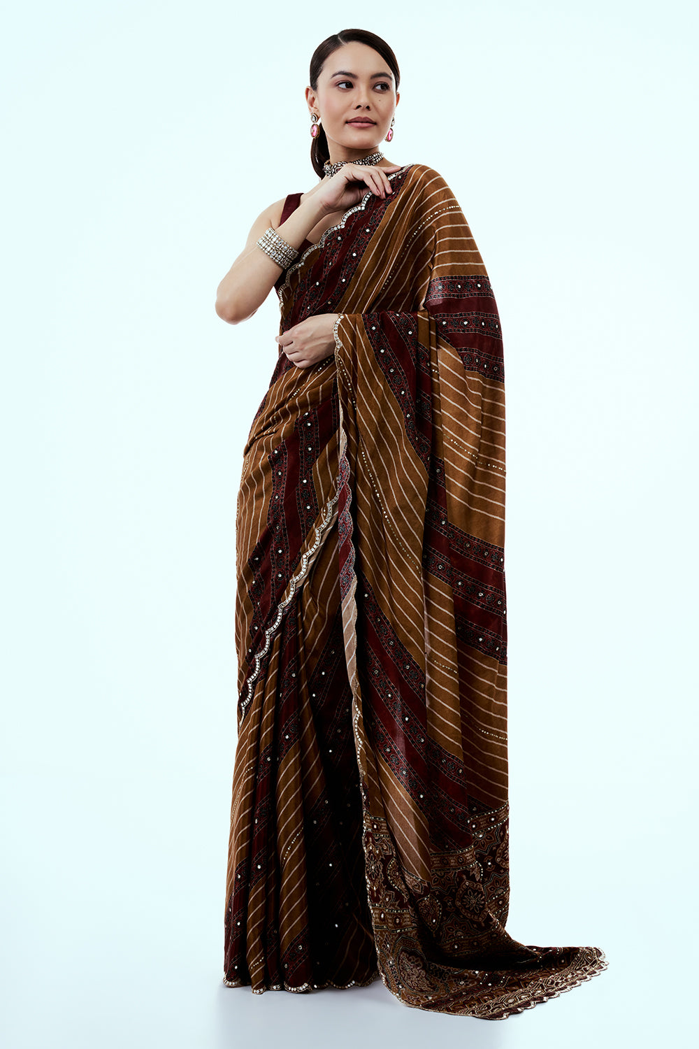 Brown Printed Crepe Saree with Mirror Work