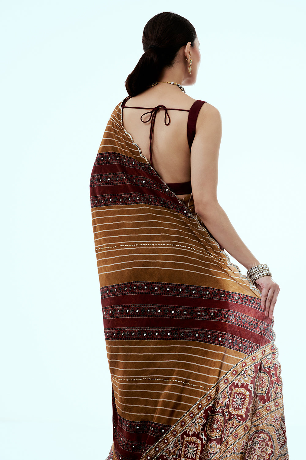 Brown Printed Crepe Saree with Mirror Work