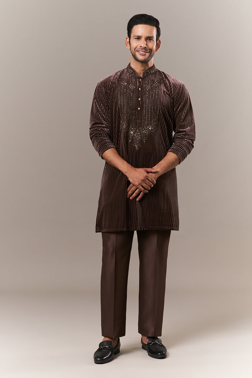 Brown Velvet Mens Kurta Set with Cutdana and Sequins Work