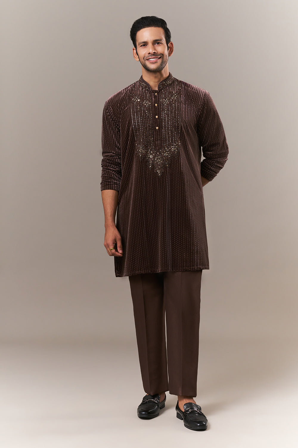 Brown Velvet Mens Kurta Set with Cutdana and Sequins Work