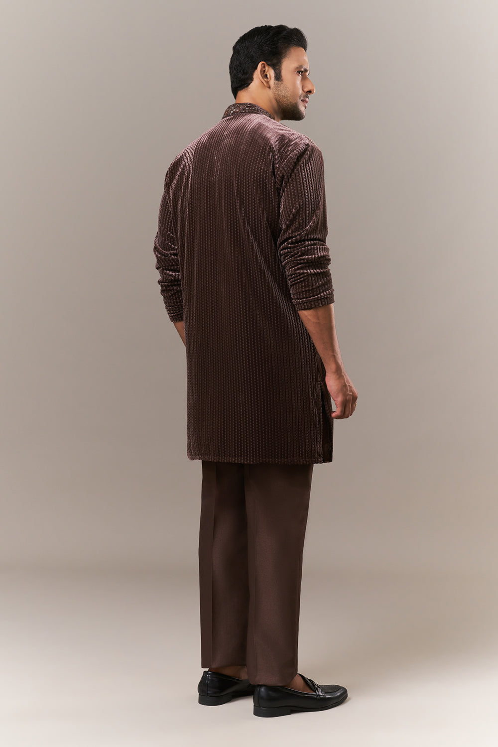 Brown Velvet Mens Kurta Set with Cutdana and Sequins Work
