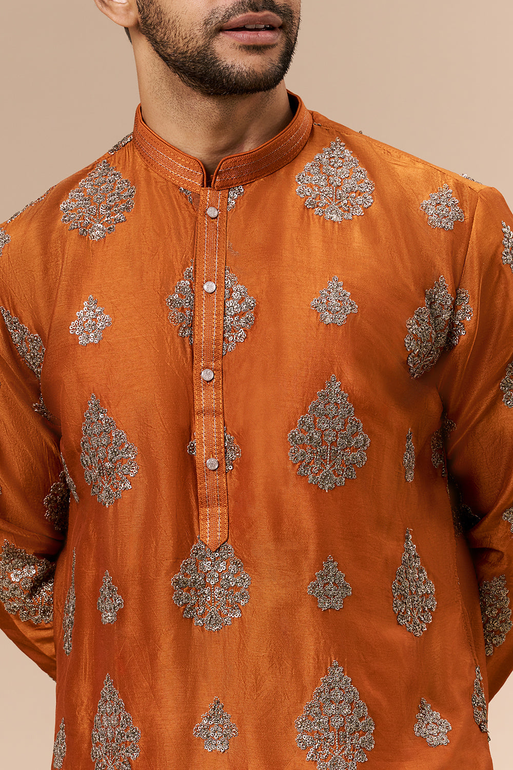 Burnt Orange Art Silk Mens Kurta Set with Zari and Sequin Work
