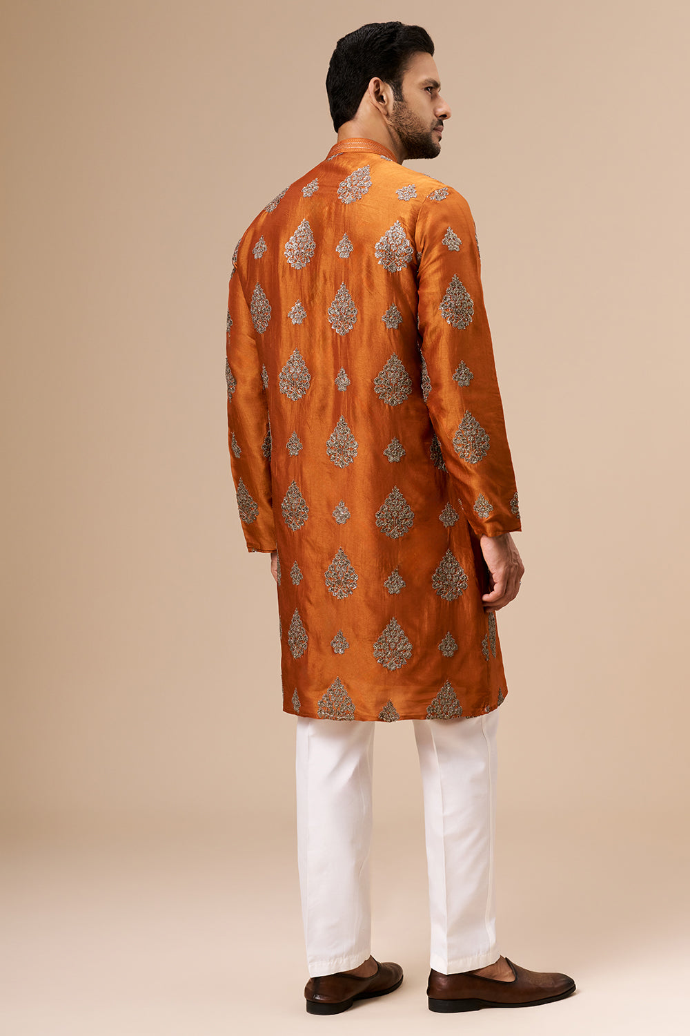 Burnt Orange Art Silk Mens Kurta Set with Zari and Sequin Work