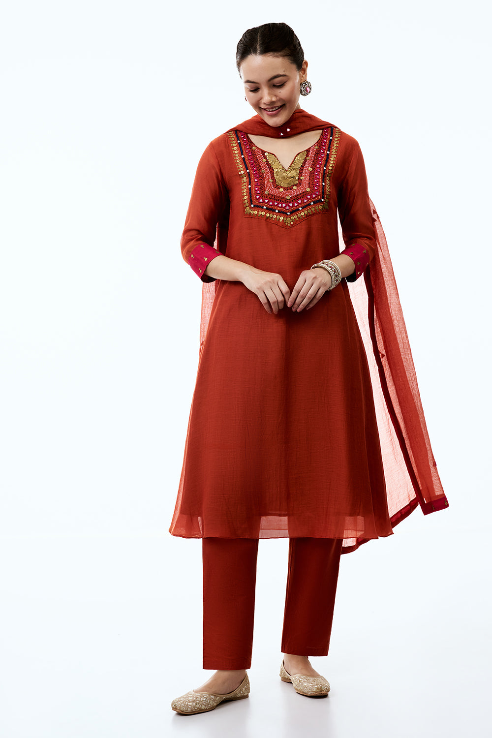 Burnt Orange Cotton Suit Set with Resham and Sequin Work