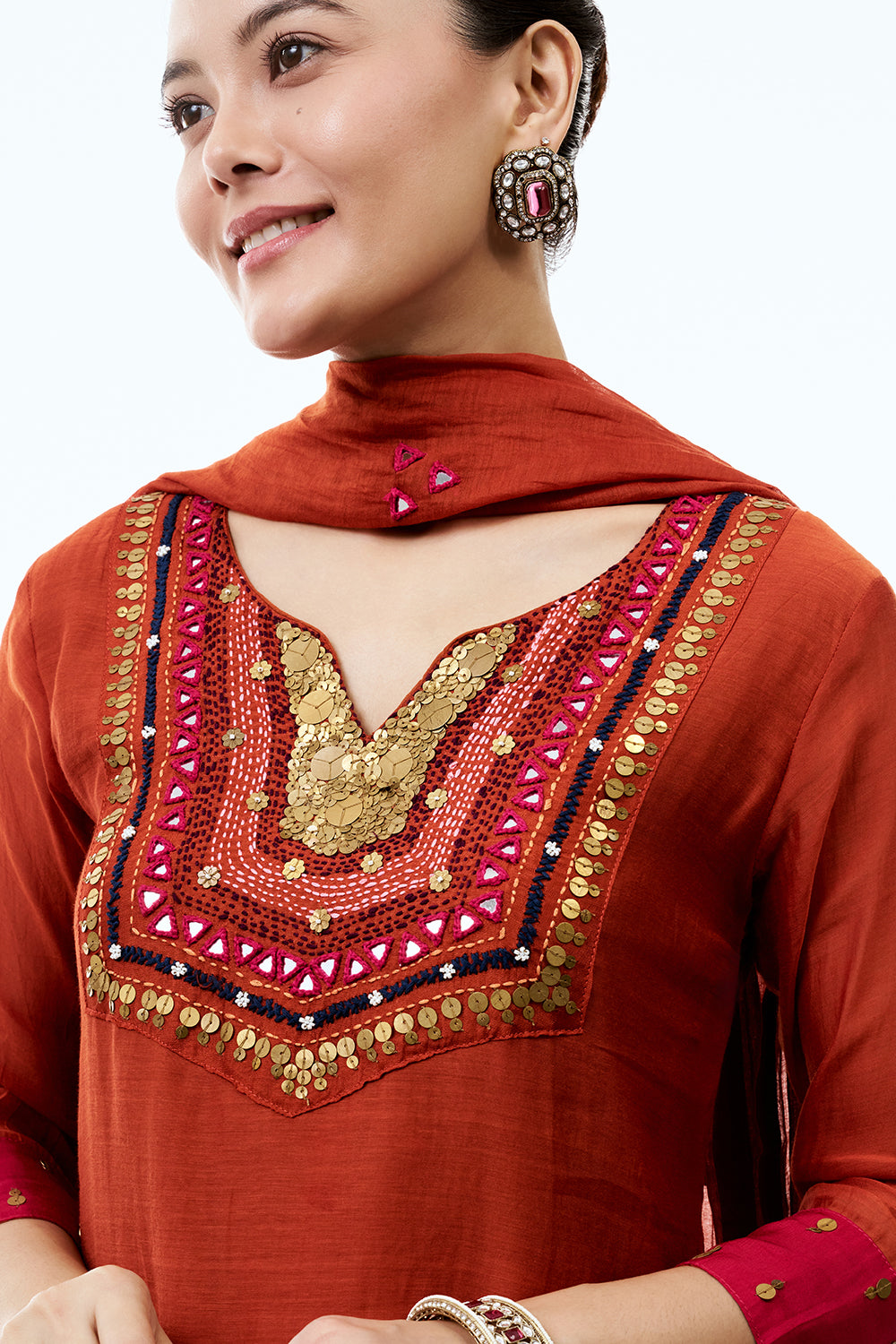 Burnt Orange Cotton Suit Set with Resham and Sequin Work