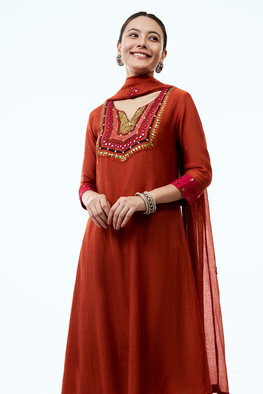 Burnt Orange Cotton Suit Set with Resham and Sequin Work