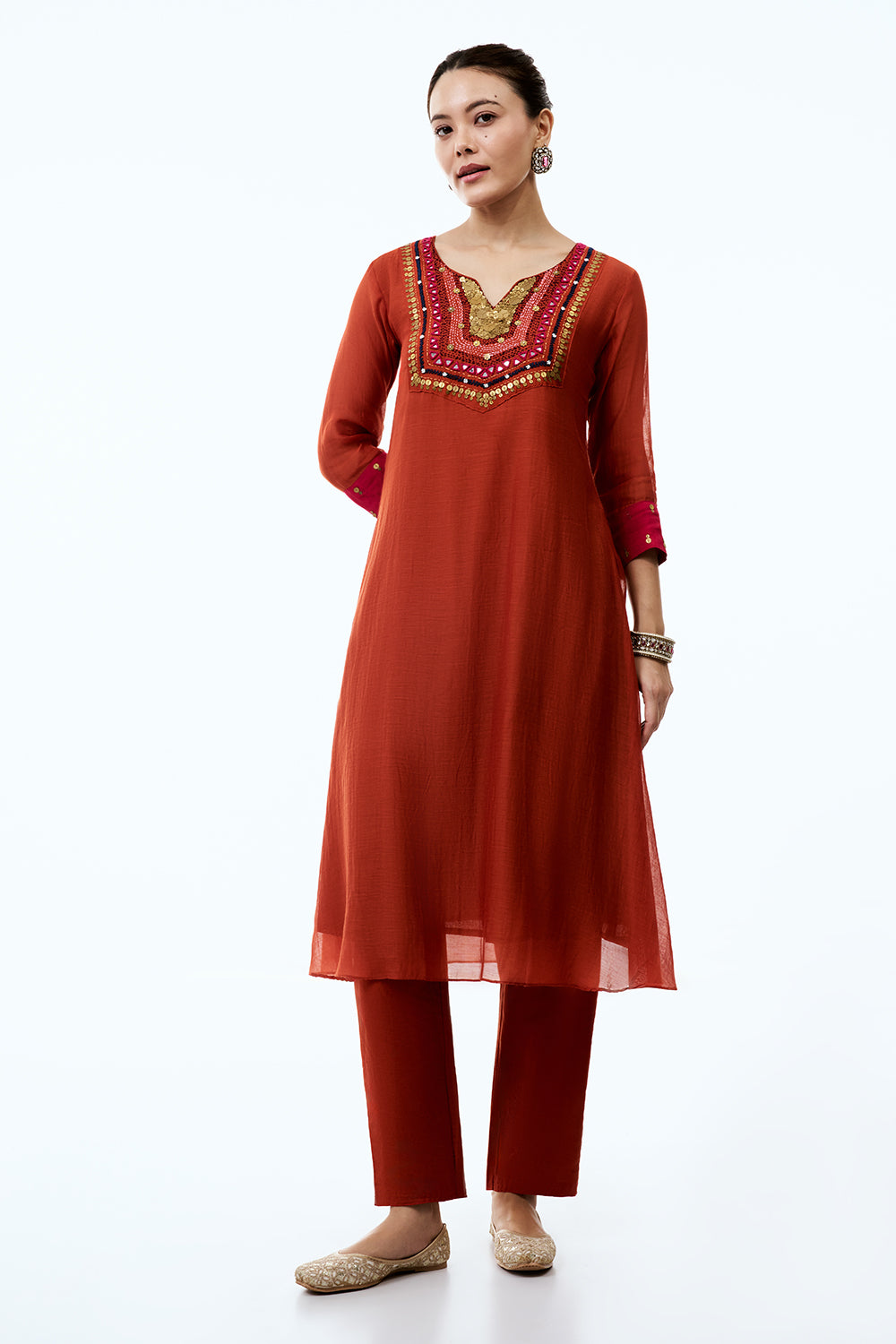Burnt Orange Cotton Suit Set with Resham and Sequin Work