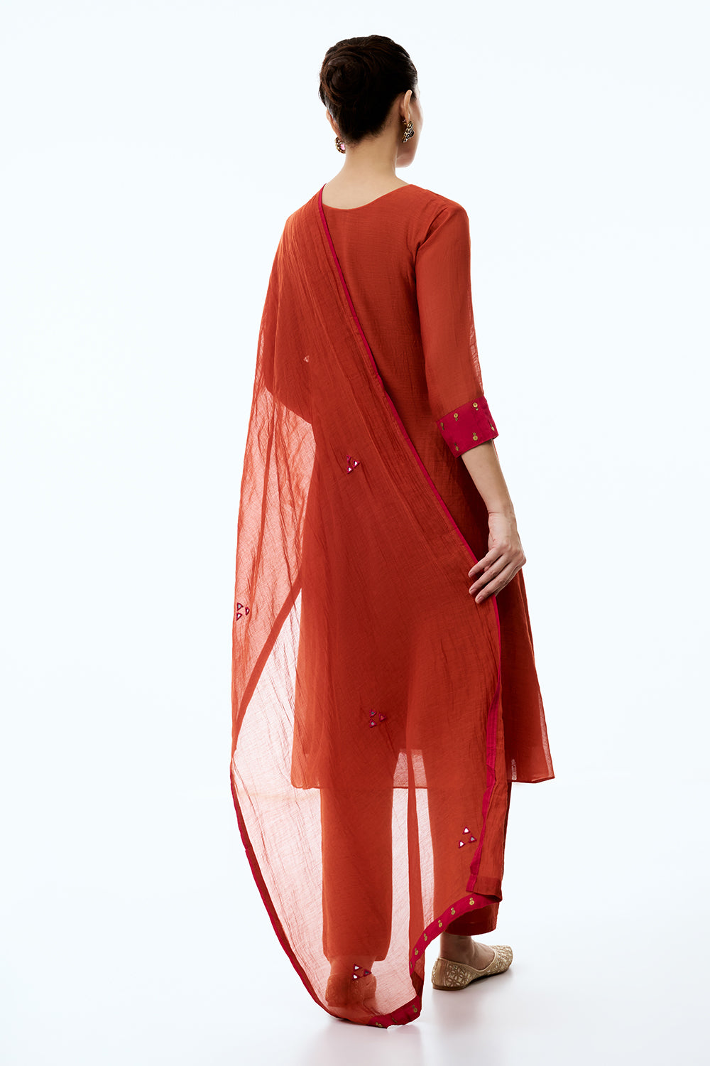 Burnt Orange Cotton Suit Set with Resham and Sequin Work