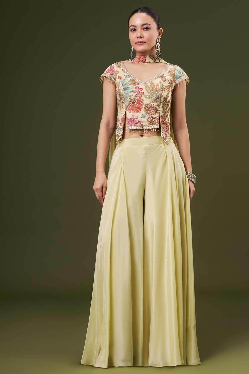 Butter Yellow Crepe Crop Top Style Palazzo Suit with Zari and Mirror Work