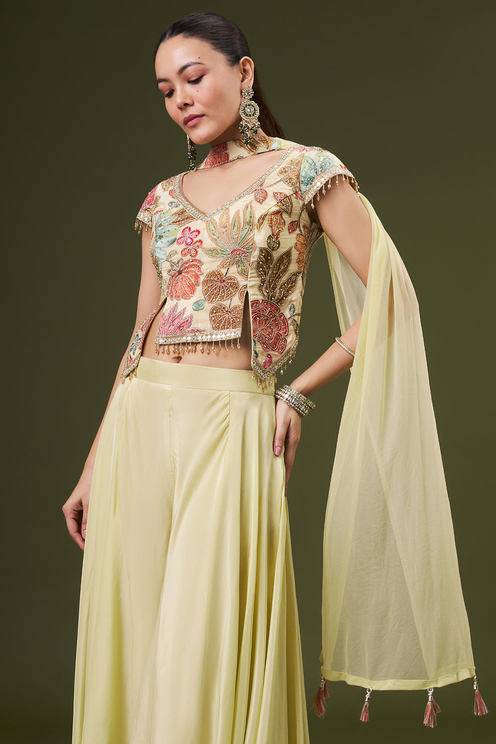 Butter Yellow Crepe Crop Top Style Palazzo Suit with Zari and Mirror Work
