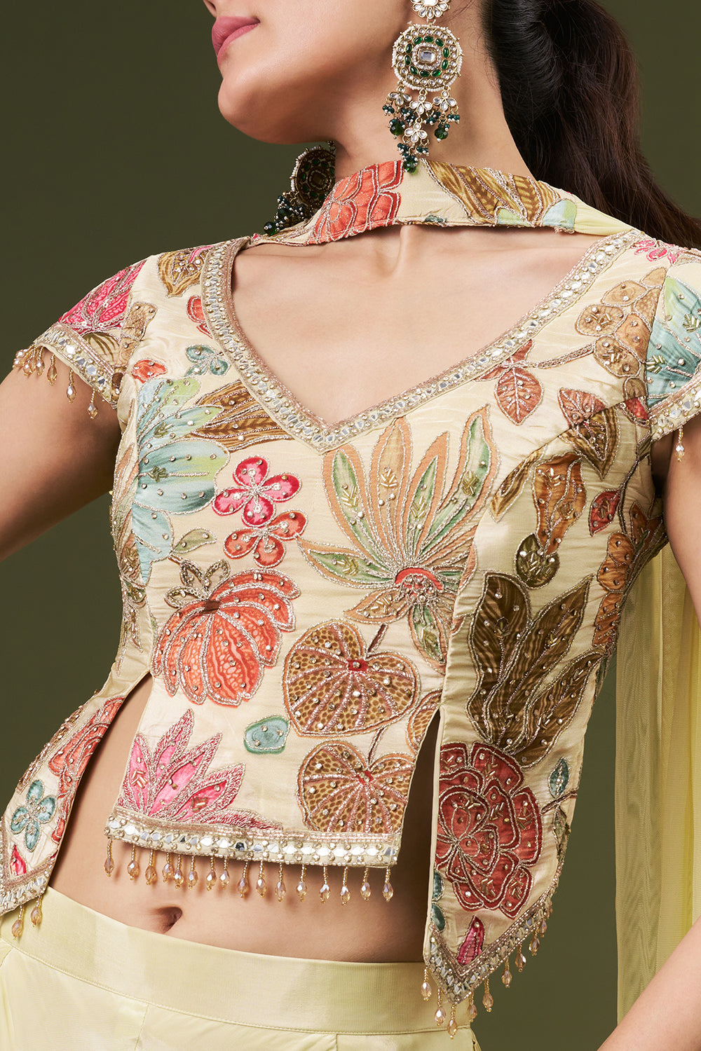 Butter Yellow Crepe Crop Top Style Palazzo Suit with Zari and Mirror Work