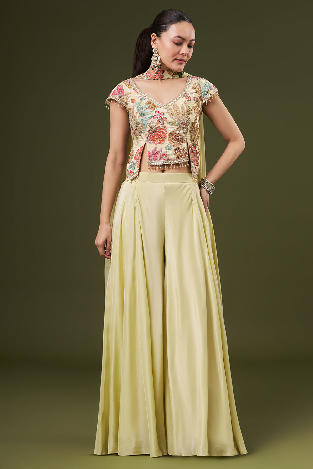 Butter Yellow Crepe Crop Top Style Palazzo Suit with Zari and Mirror Work