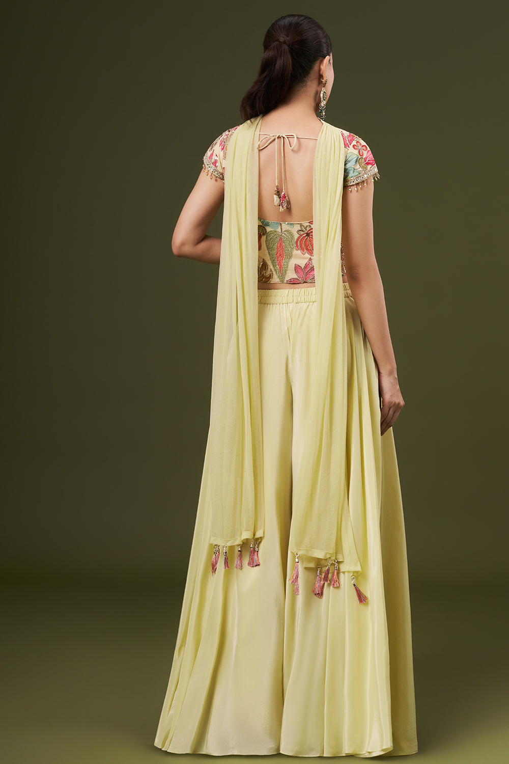Butter Yellow Crepe Crop Top Style Palazzo Suit with Zari and Mirror Work