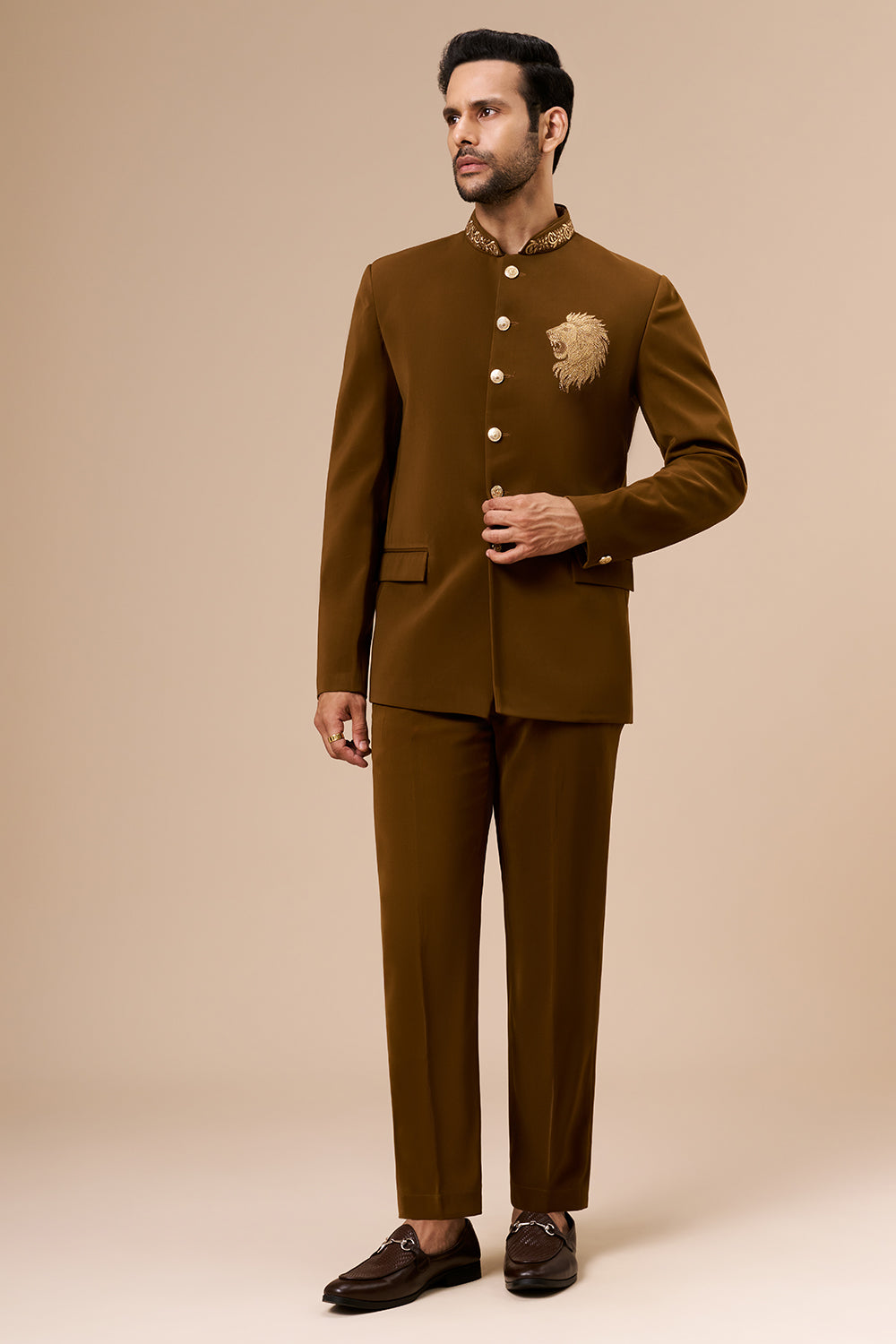 Caramel Brown Georgette Jodhpuri with Zari and Thread Lion Motif