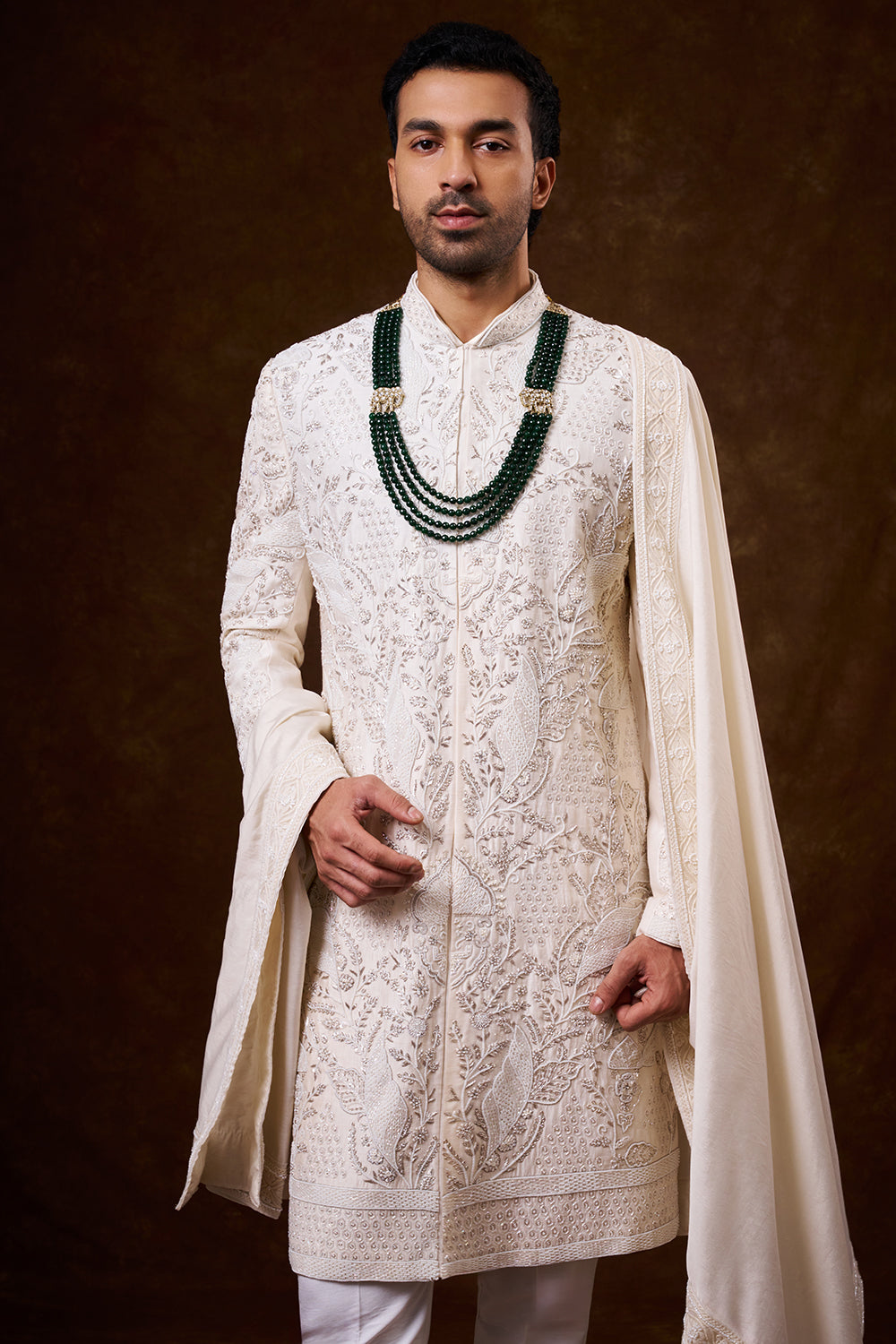 Champagne Art Silk Groom’s Sherwani with Zardozi Work