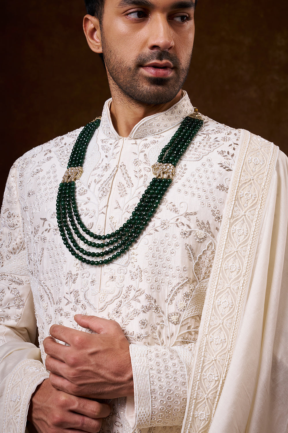Champagne Art Silk Groom’s Sherwani with Zardozi Work
