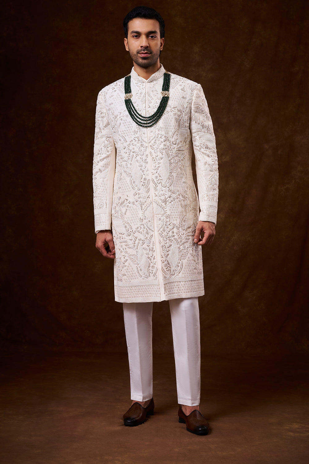 Champagne Art Silk Groom’s Sherwani with Zardozi Work