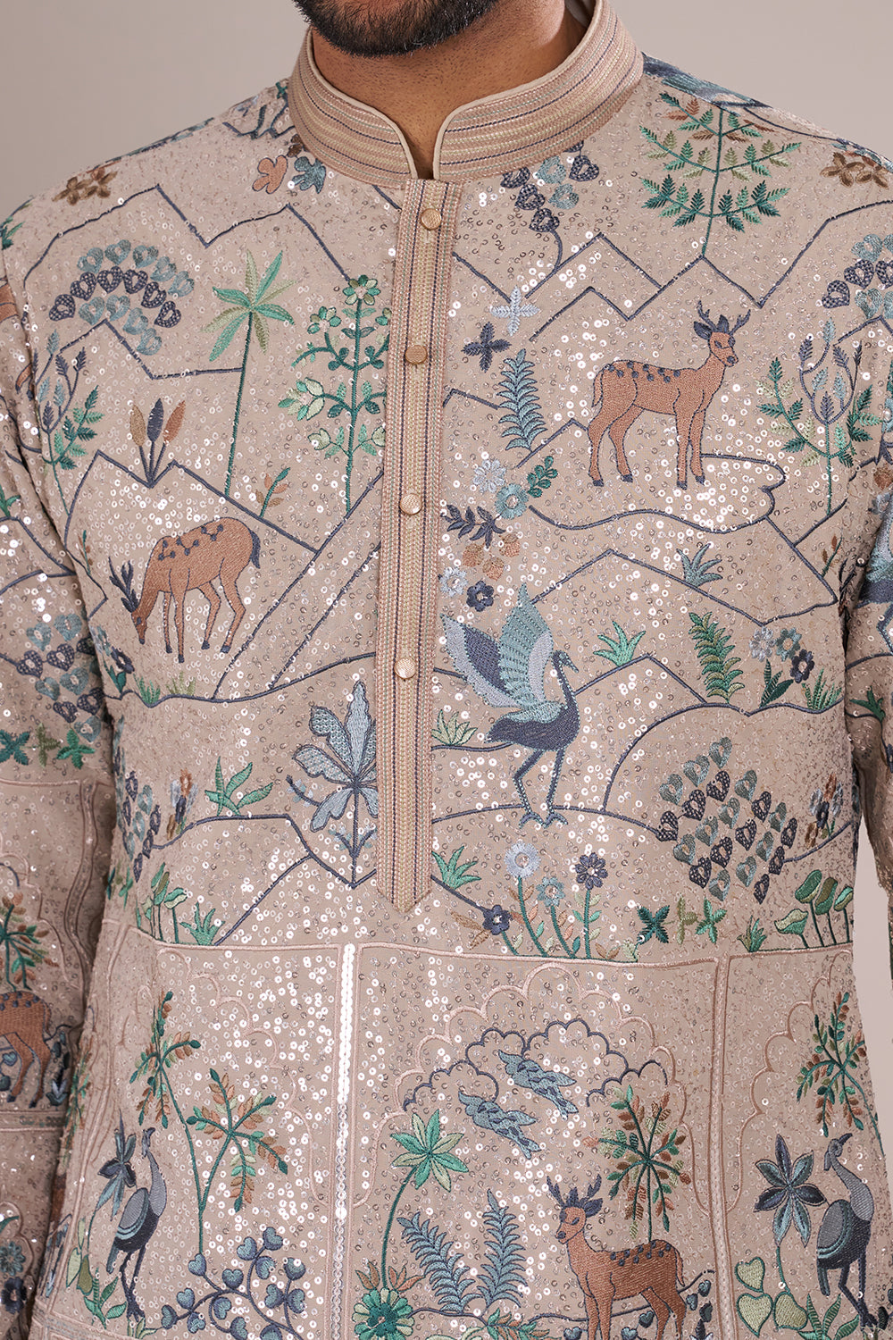 Champagne Beige Men's Silk Blend Kurta Set with Nature-Inspired Embroidery