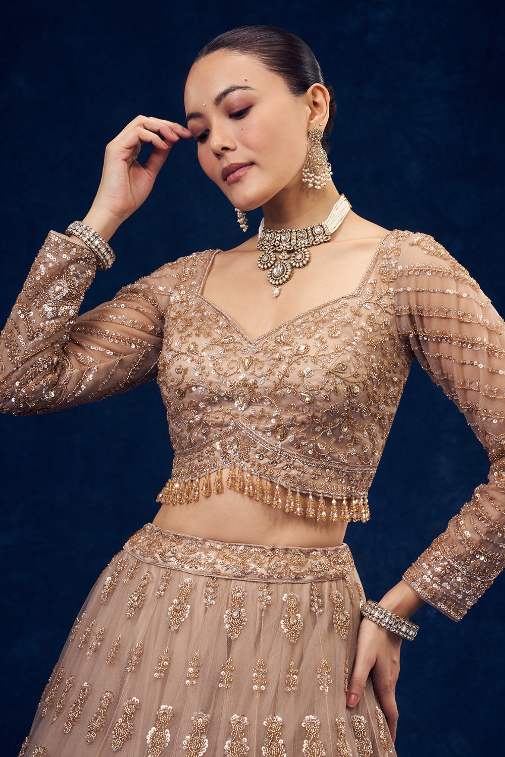 Champagne Beige Net Lehenga with Cutdana and Sequin Hand Work
