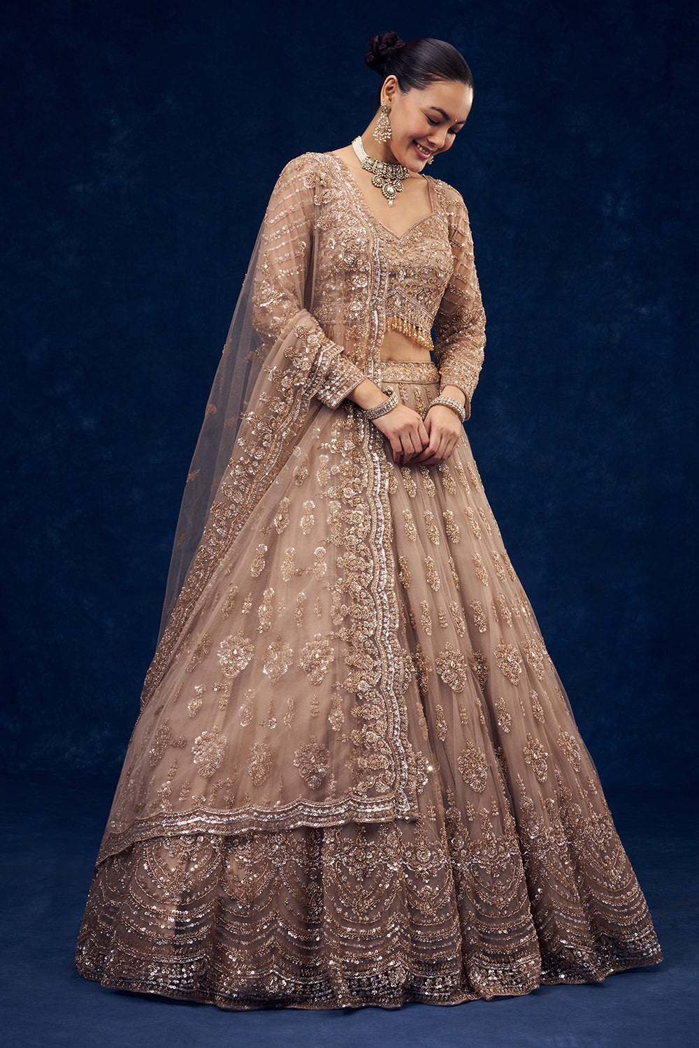 Champagne Beige Net Lehenga with Cutdana and Sequin Hand Work