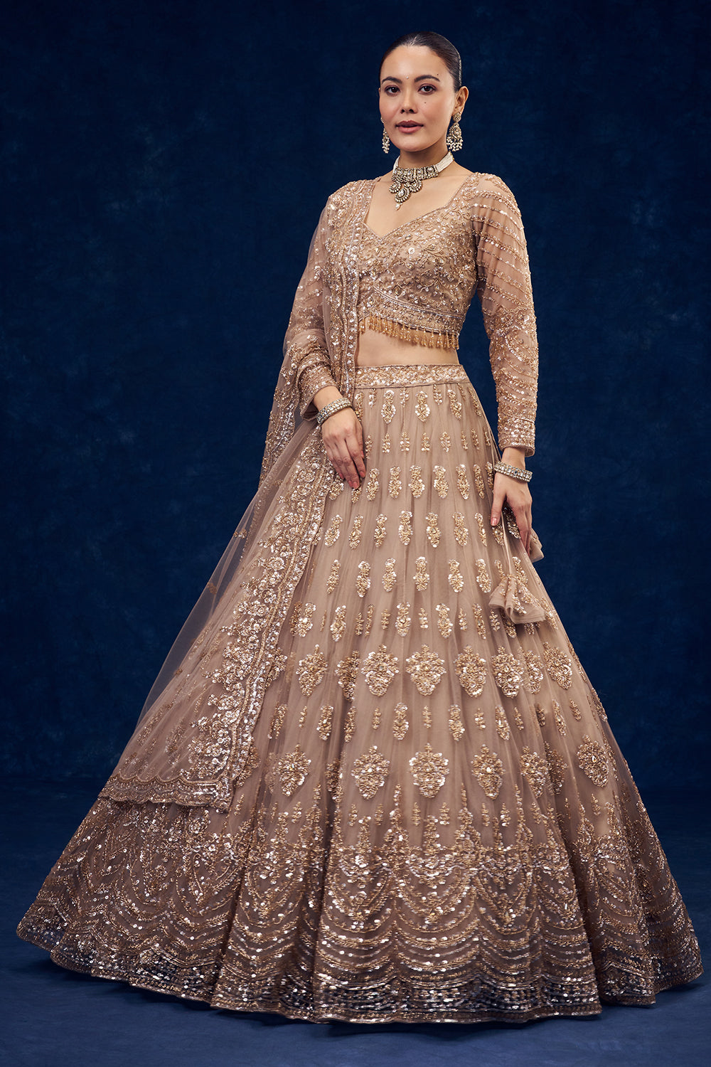 Champagne Beige Net Lehenga with Cutdana and Sequin Hand Work