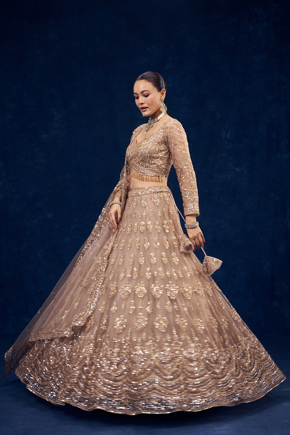 Champagne Beige Net Lehenga with Cutdana and Sequin Hand Work