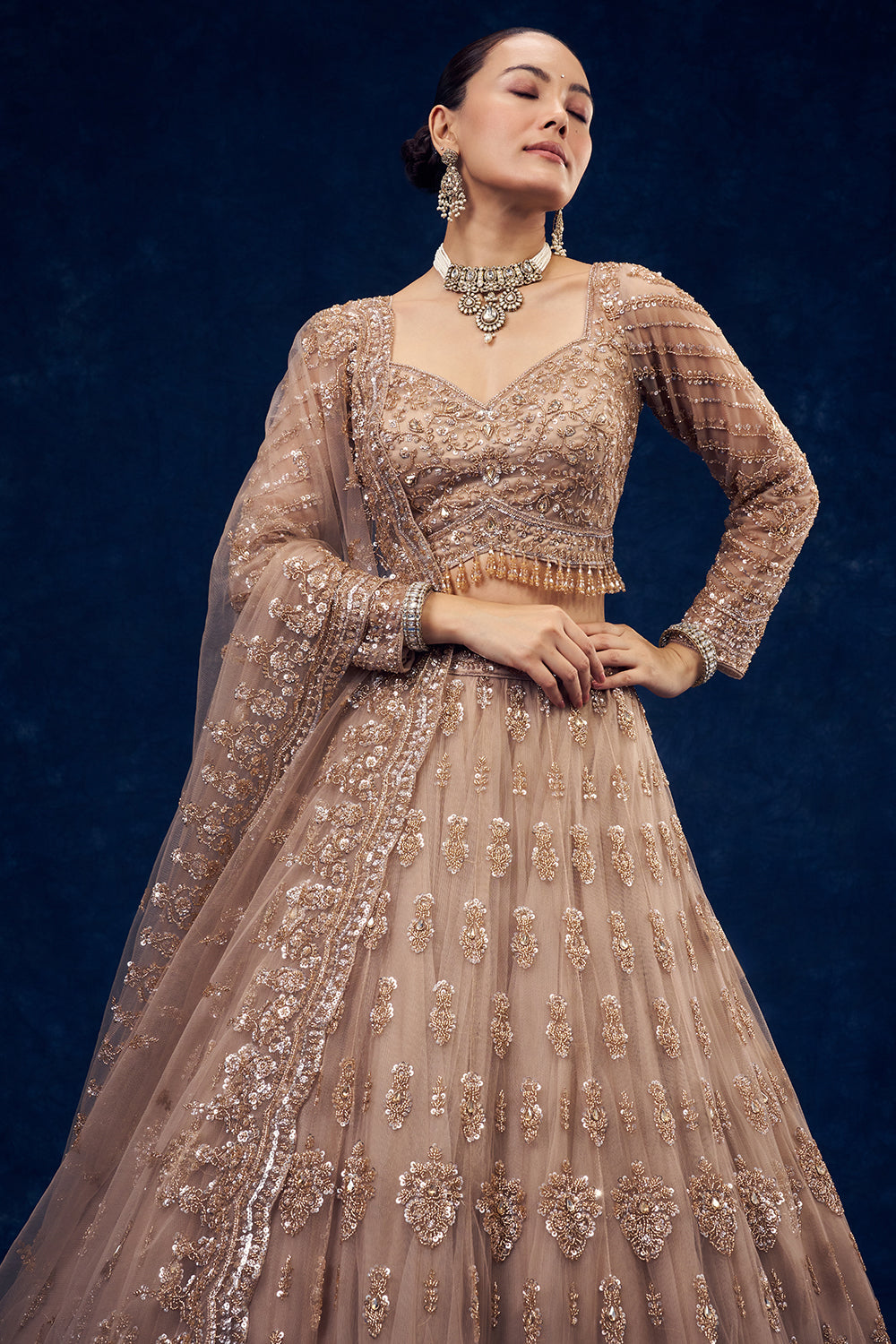 Champagne Beige Net Lehenga with Cutdana and Sequin Hand Work