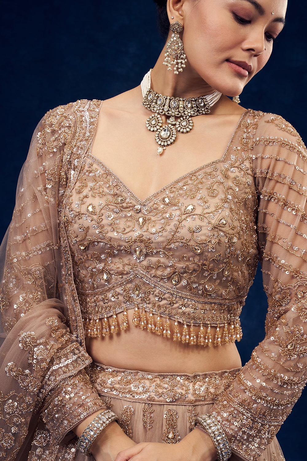 Champagne Beige Net Lehenga with Cutdana and Sequin Hand Work