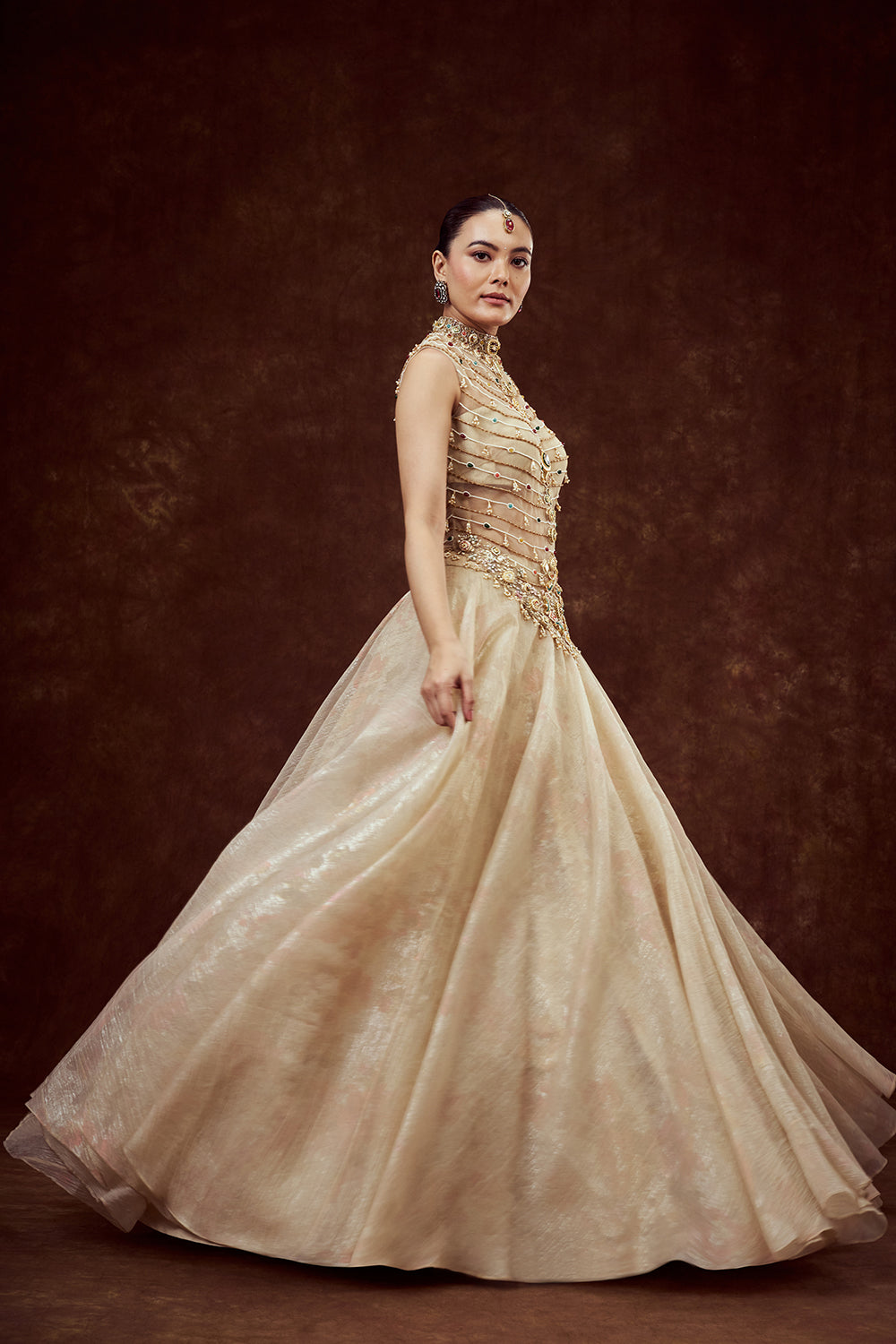 Champagne Gilded Gown with Ornate Embellishments