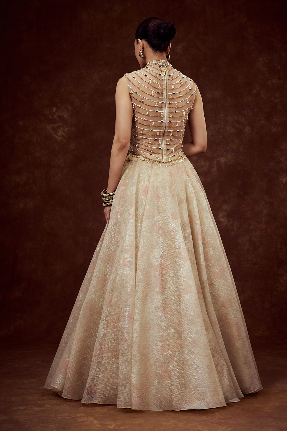 Champagne Gilded Gown with Ornate Embellishments
