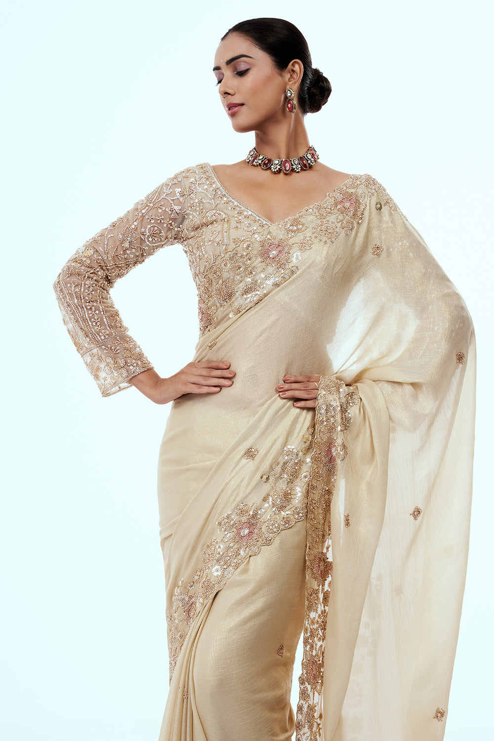 Champagne Gold Crushed Crepe Tissue Saree with Cutdana Border