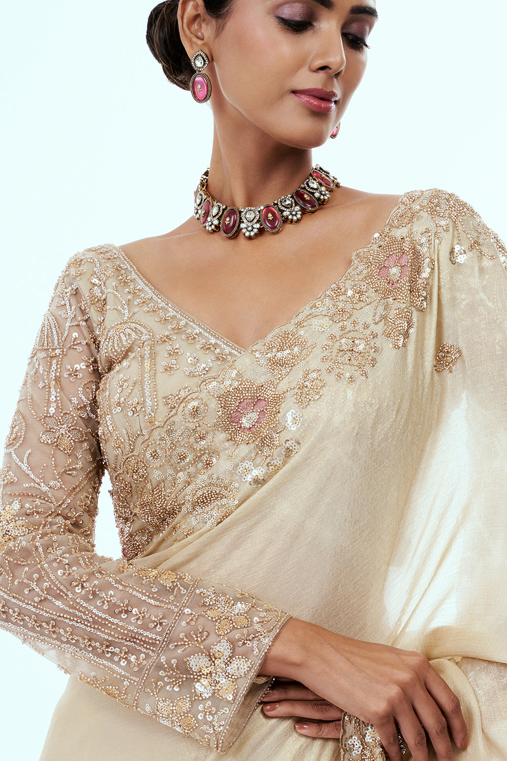 Champagne Gold Crushed Crepe Tissue Saree with Cutdana Border