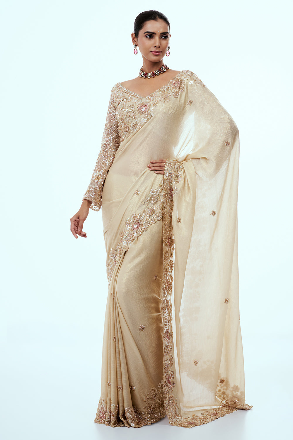 Champagne Gold Crushed Crepe Tissue Saree with Cutdana Border
