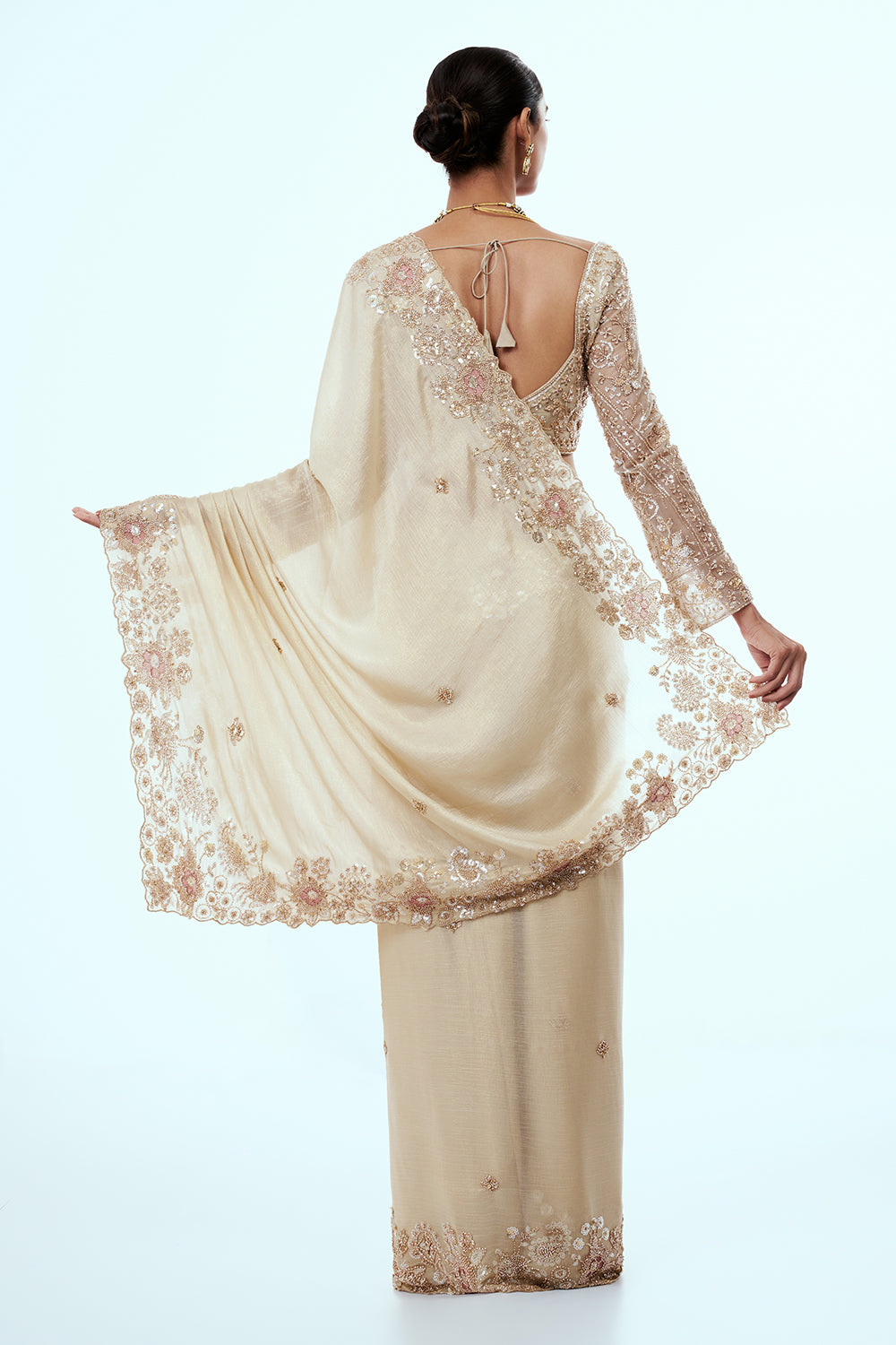 Champagne Gold Crushed Crepe Tissue Saree with Cutdana Border