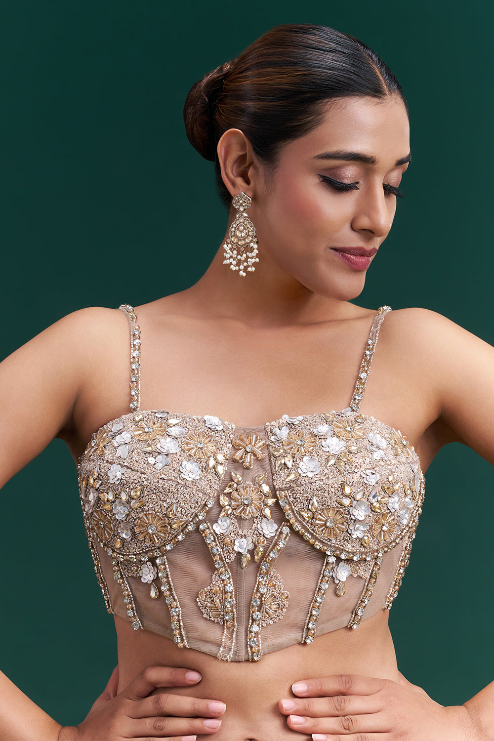 Champagne Gold Net Bridal Lehenga with Vine Embroidery and Statement Cape