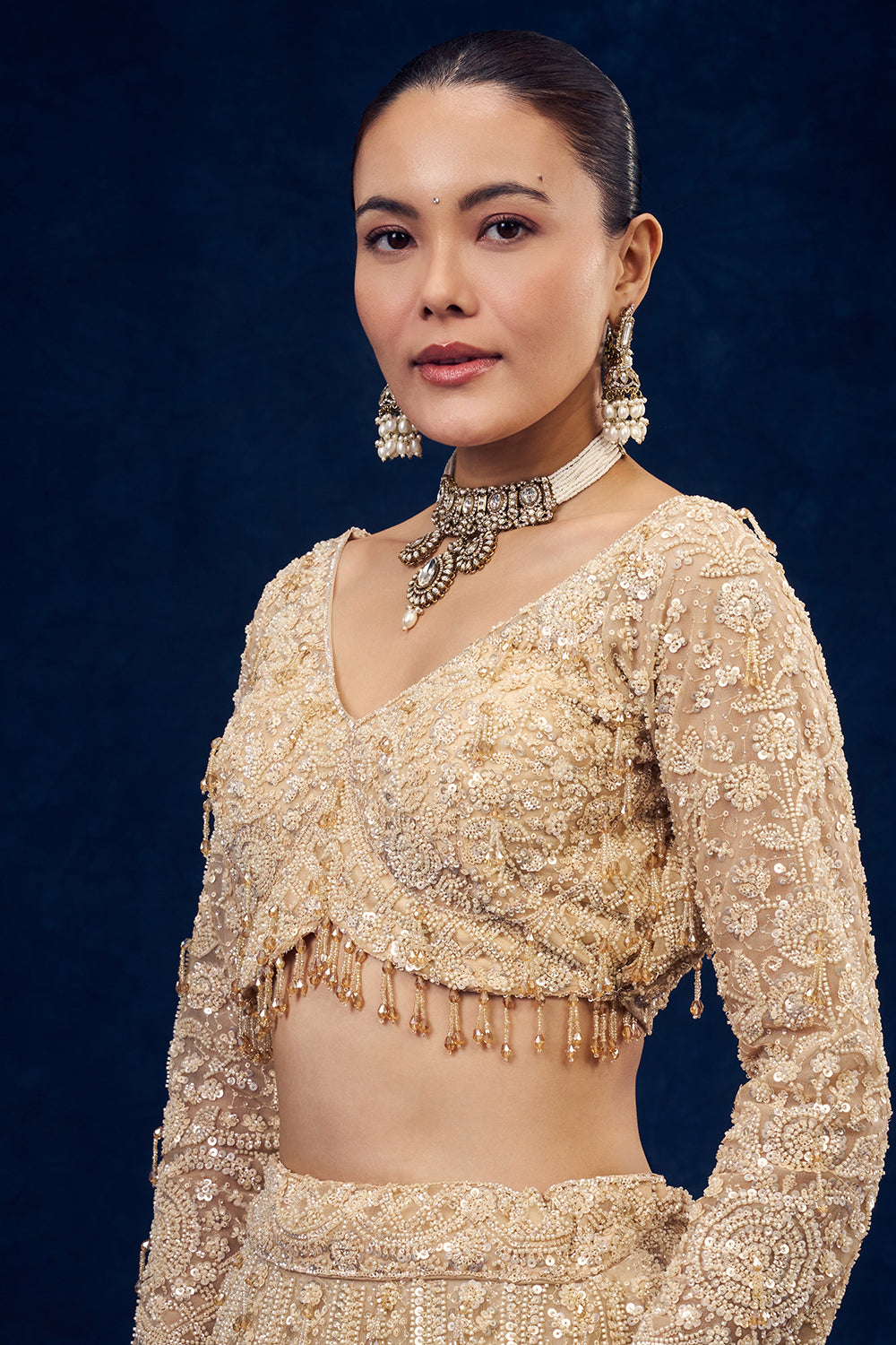 Champagne Gold Net Lehenga with 3D Flowers and Cutdana Hand Work