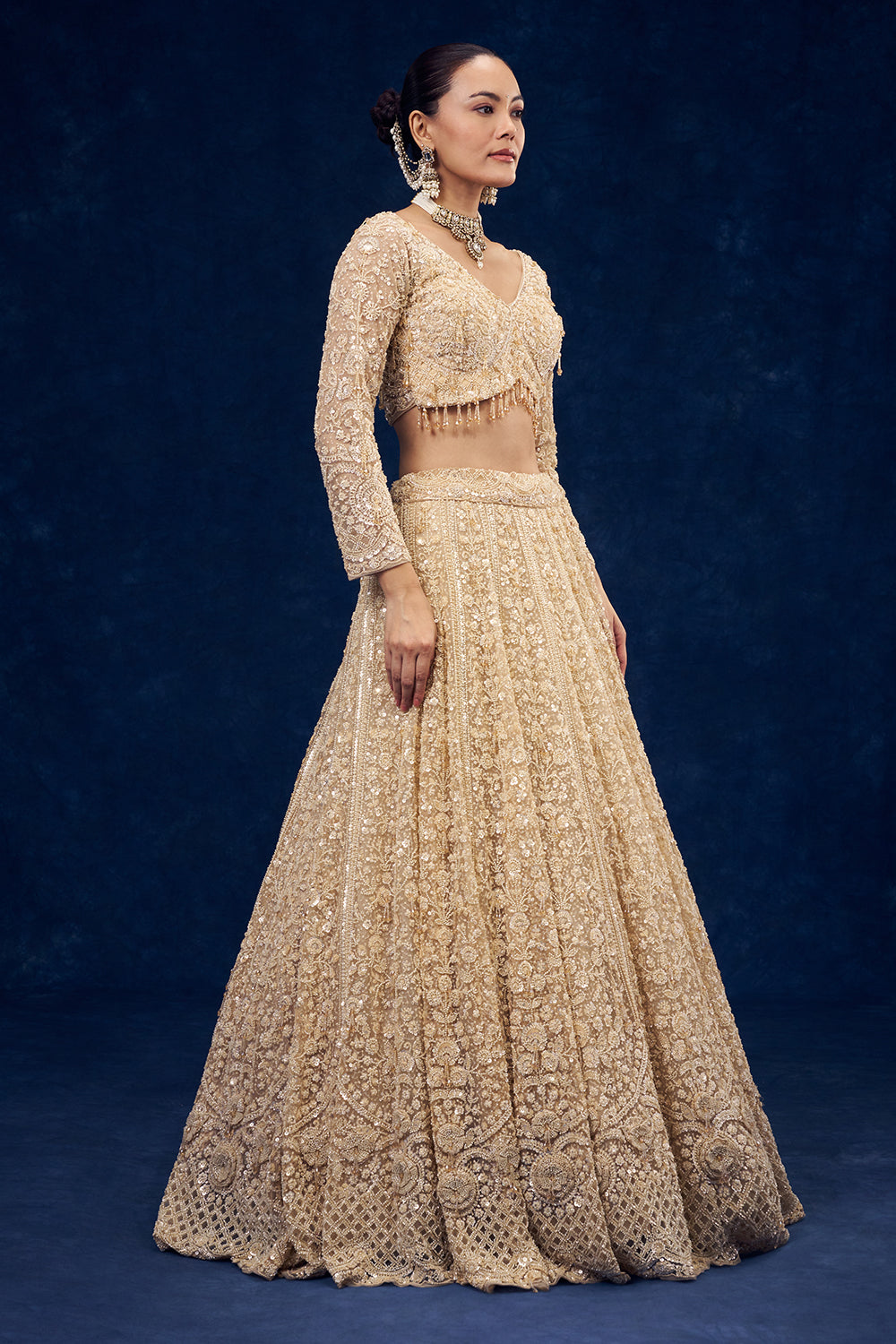 Champagne Gold Net Lehenga with 3D Flowers and Cutdana Hand Work