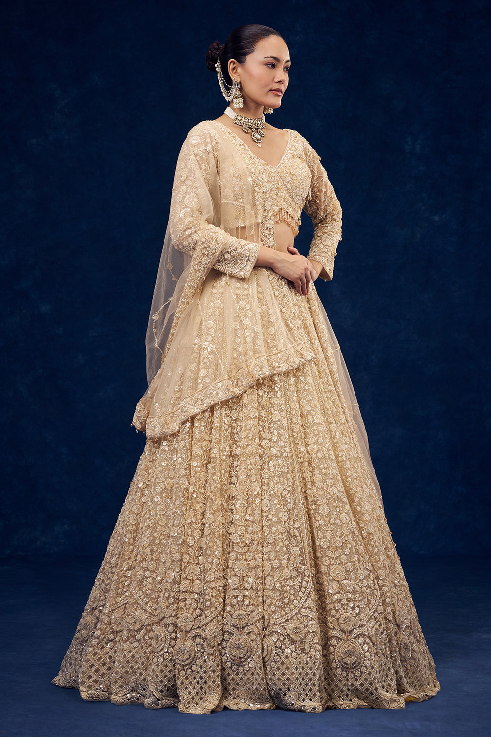 Champagne Gold Net Lehenga with 3D Flowers and Cutdana Hand Work