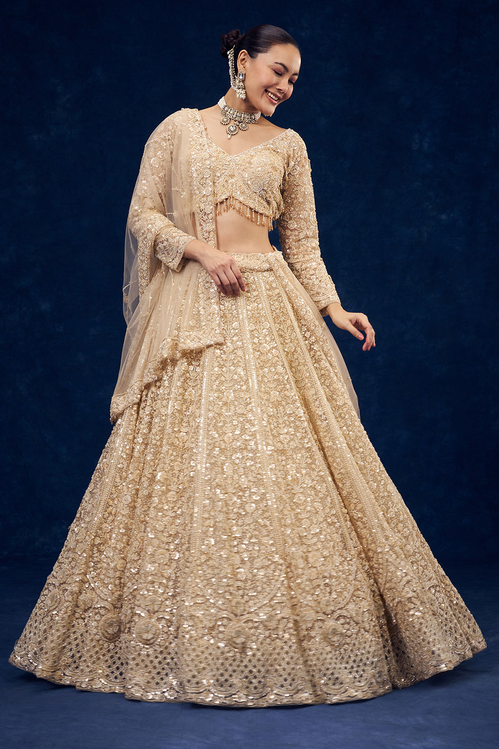 Champagne Gold Net Lehenga with 3D Flowers and Cutdana Hand Work