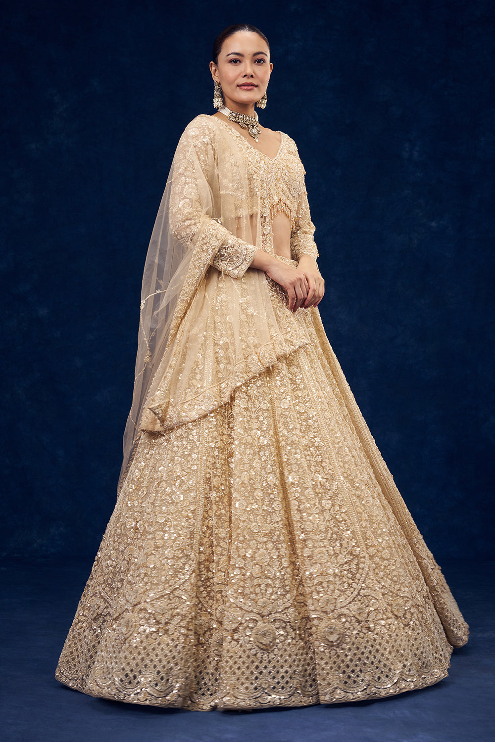 Champagne Gold Net Lehenga with 3D Flowers and Cutdana Hand Work