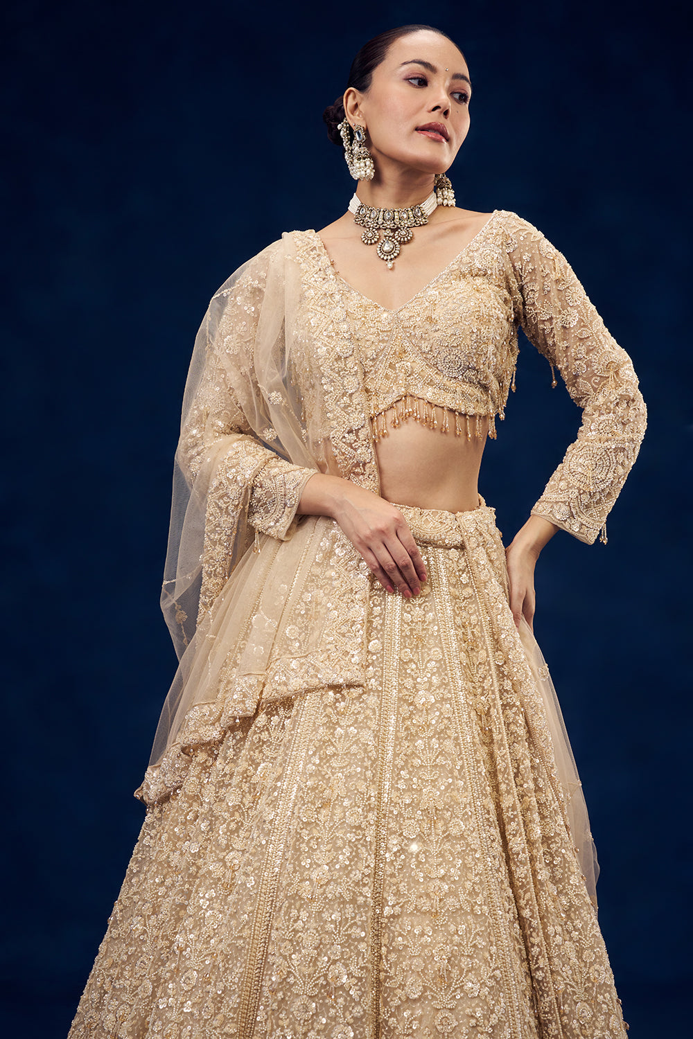 Champagne Gold Net Lehenga with 3D Flowers and Cutdana Hand Work